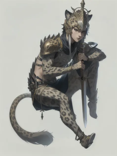 anime character with a leopard like outfit and a sword, of anthro leopard warlock, humanoid cheetah, by Yang J, beautiful full body concept art, by Shen Zhou, guweiz, by Shitao, complex fantasy character, guweiz on artstation pixiv, detailed full body conc...