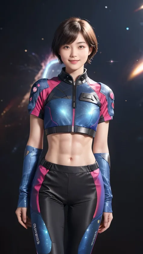 214 Short Hair, 20-year-old woman, A kind smile, Floral, Futuristic clothing, machinery suit, ((Clothes that show abs、Clothes with short sleeves)), (The background is a galaxy and nebula)