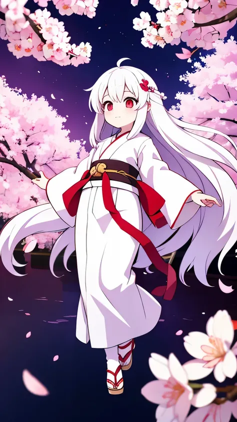 Age unknown,Unknown gender,White super long hair,Red eyes,white kimono,God,Floating in the air,cherry blossoms