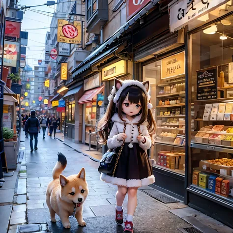 A girl walking with a leash, Shiba Inu girl, Chibi Shop baby, mixed media, vibrant colors, cute scene, lively atmosphere, playful mood, detailed facial expression and eyes, fluffy fur, soft and bright lighting, high-resolution artwork, bokeh effects.