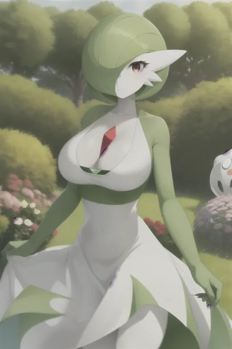 masterpiece, best_quality, 1girl, solo, gardevoir, white dress, creatures (company), game freak, nintendo, pokemon, pokemon (game), bangs, colored skin, feminine focus, big chest, big breasts, pokemon gen 3, green hair, green skin, hair over one eye, multi...