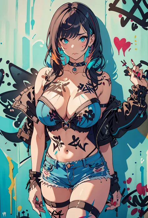 masterpiece, best quality, gothic make up 1girl, solo, crop top, ((colossal cleavage:1.3)), denim shorts, choker, (graffiti:1.5), paint splatter, arms behind back, against wall, looking at viewer, armband, thigh strap, paint on body, head tilt, bored, mult...