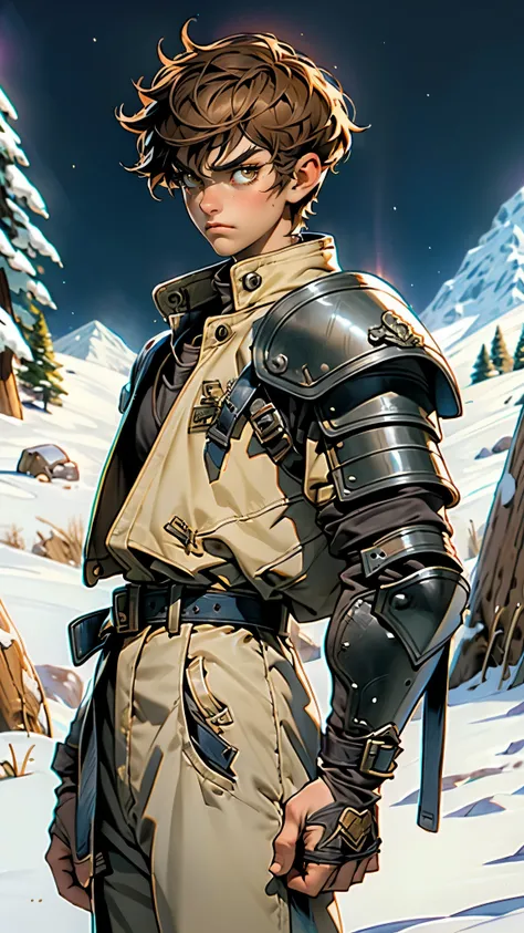 A man with short sandy brown hair, long side-parted bangs, a melancholic gaze, a troubled expression, pale skin, a fantasy-style gray trench coat with a large collar, under which lies leather chest armor, a black belt, worn-out yellowish shoulder pads and ...