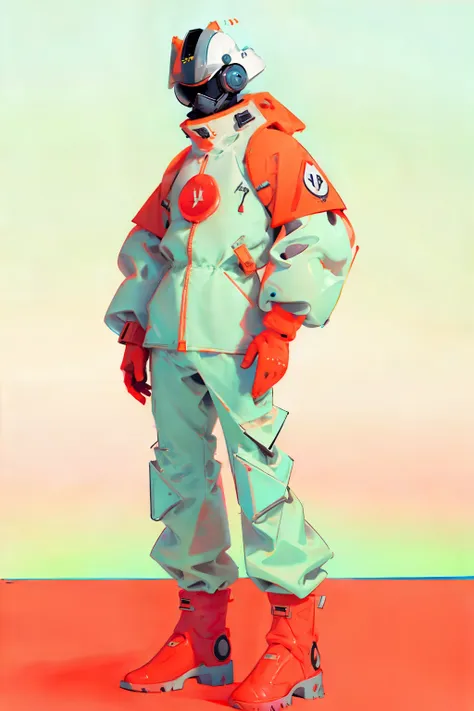  (ultra detailed,ultra high res,detailed background),((2D)),((flat color)),((muted color)), 1solo, looking at viewer, white hazmat suit, (big red galoshes), plush collar, full body image, square helmet