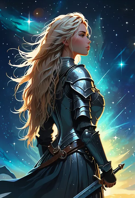 a stylized young woman warrior ((silhouette)) formed by bright stars. with straight long messy hair. medieval armor. cosmic back...