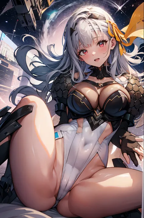 moderniadef, shoulder pads, bodysuit, (upper body:1.3),open mouth, embarrassed ,blush,(spread legs:1.3),(legs up),(cameltoe:1.3),,perfect anatomy,masterpiece,high resolution, ultra-detailed,game cg,dutch angle ,beautiful detailed eyes,visualart,five finger...