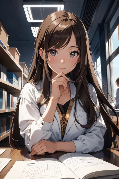 In the heart of a bustling scientific lab, a beautiful girl with long, wavy brown hair casually rides a sleek, shiny pig, her Exquisite facial features contrasting sharply with the raw, documentary-style surroundings. Her scientific journal lies open on th...