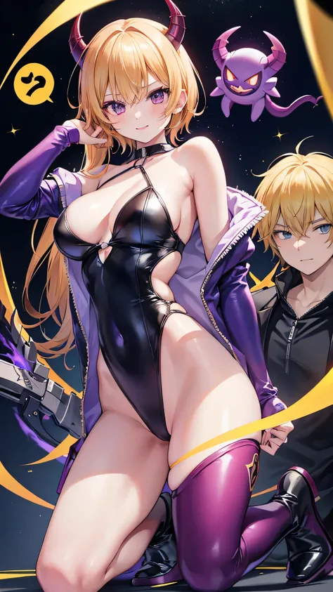 Sentai Series、1girl、Villainous female executive、A purple leotard that only covers the nipples and crotch、Gold decoration on chest、sexy、Blonde、Red eyes、Handsome face、Coral-colored lips、Slender body、Perfect proportions、short boots、rubber gloves、Wicked Smile、...