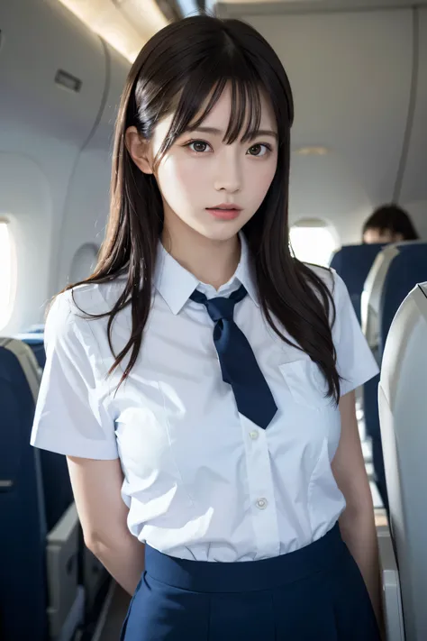 highest quality, masterpiece, 8k, Ultra-high resolution, (Realistic: 1.4), 1 girl, Beautiful Face, Symmetrical eyes, big, Perfect Body Proportions, Stewardess Uniform, Audience&#39;sight, (Inside the plane: 1.2), Front view, Shoulder jumps, Absolute area (...