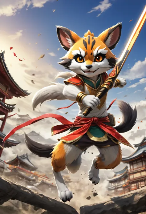 top quality, high-quality illustrations((masterpiece))depth of field, motion blur, absurdres, Perfect Anatomy, magnificent picture of kemono fighting fierce battles, kemono, Anthro((dramatic))epic, weapon, Acrobat, One scene of movie,