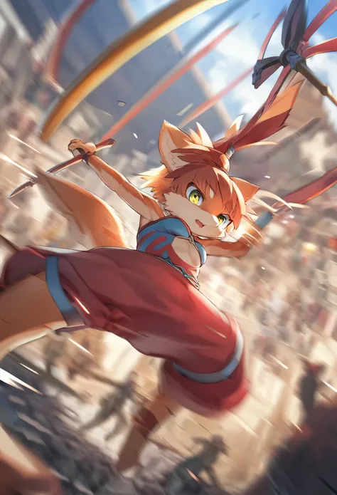 top quality, high-quality illustrations((masterpiece))depth of field, motion blur, absurdres, Perfect Anatomy, magnificent picture of kemono fighting fierce battles, kemono, Anthro((dramatic))epic, weapon, Acrobat, One scene of movie,