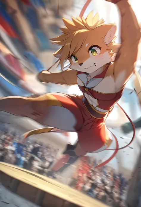 top quality, high-quality illustrations((masterpiece))depth of field, motion blur, absurdres, Perfect Anatomy, magnificent picture of kemono fighting fierce battles, kemono, Anthro((dramatic))epic, weapon, Acrobat, One scene of movie,