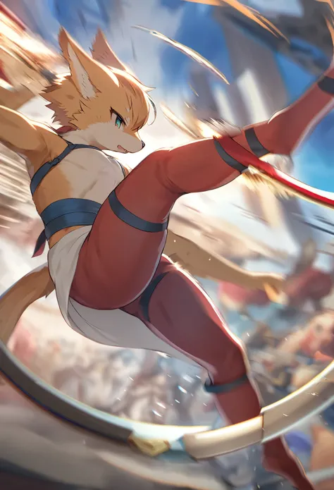 top quality, high-quality illustrations((masterpiece))depth of field, motion blur, absurdres, Perfect Anatomy, magnificent picture of kemono fighting fierce battles, kemono, Anthro((dramatic))epic, weapon, Acrobat, One scene of movie,