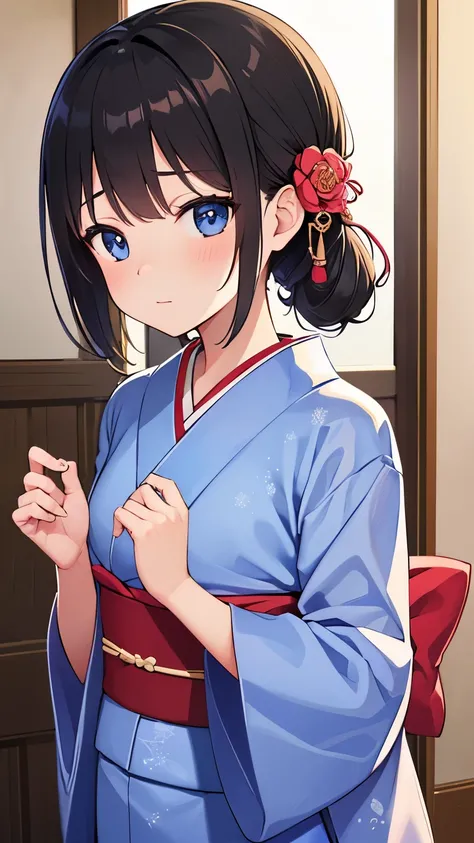 ((Best quality, 8k, Masterpiece: 1.3)), Highly detailed face and skin texture, Detailed eyes, Girl in traditional Japanese kimono、Floral Outfit、((Light blue kimono))、evening、Summer festival、Innocent expression、Cute black hair girl、(She has a hairpin in her...