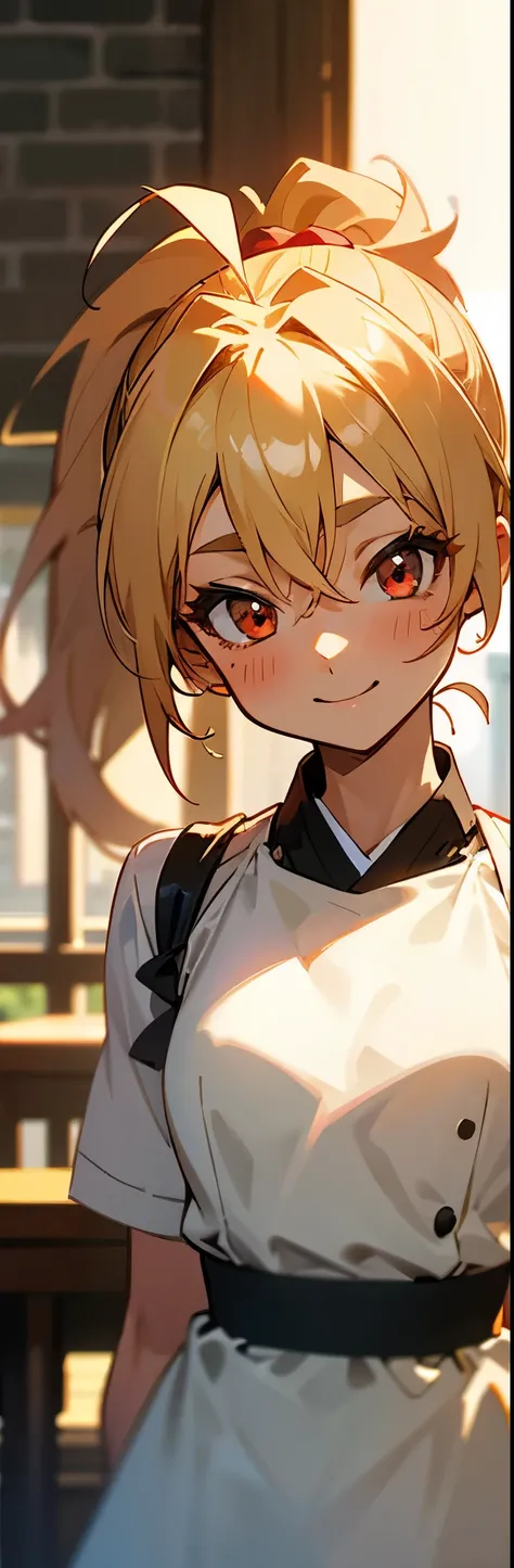 １girl、Anime-style paintings、Small breasts、blonde、Round red eyes、ponytail、Ahoge、smile、A look of intense joy on one&#39;s face、Cowboy Shot、Morning Cafe Terrace、Background blur, Depth of written border