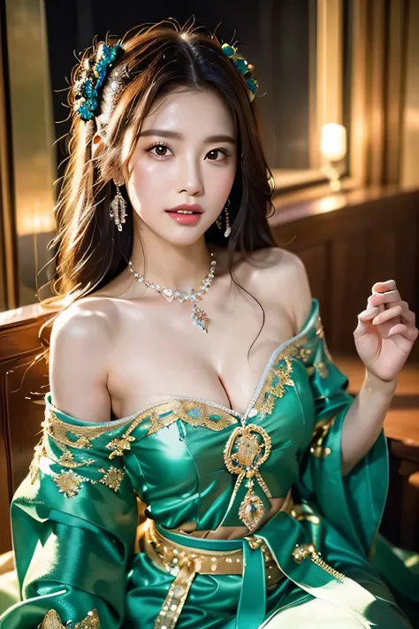 (((Royal palace decorated with intricate patterns and symbols of authority in an ancient castle at night)))、(((On a majestic jade throne々sit with:1.3)))、Beautiful idol girl、Featuring intricate lace details and vibrant colors、(((Vivid and gorgeous cosplay c...