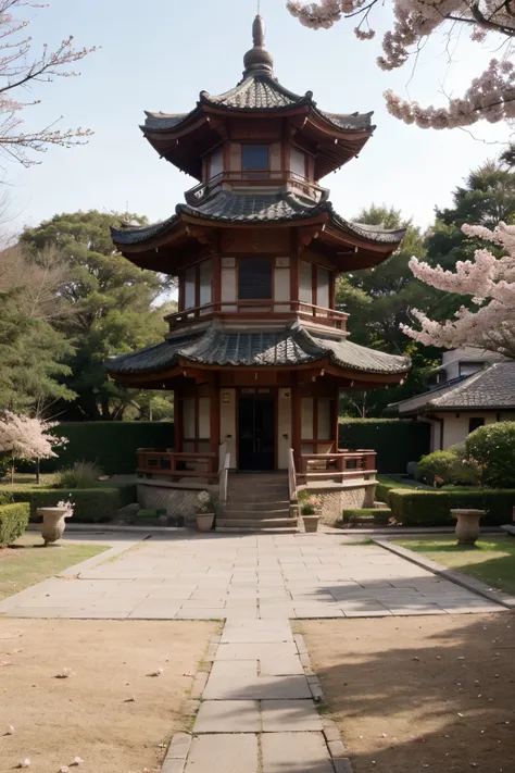 A dry landscape garden with a five-story pagoda and falling cherry blossom petals