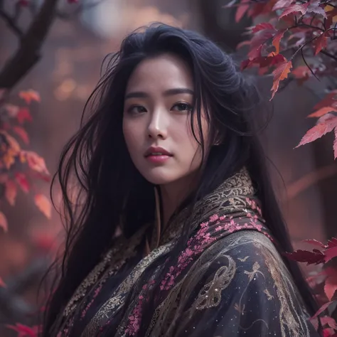 32K（tmasterpiece，k hd，hyper HD，32K）Long flowing black hair，Yellowstone，Tongzhou girl ，Flame protector（realisticlying：1.4），Python pattern robe，Purple-pink tiara，The leaves flutter，The canyon background is pure，Hold your head high，Be proud，The nostrils look ...