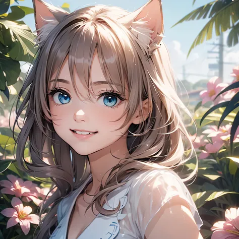 Absurd, Ultra-detailed,Bright colors,(8k:1.5),Masseter muscle area,bright landscape、for that, Blue sky、Very beautifully detailed face and eyes,(deep blue eyes:1.4) valley、Pink skin、Summer Morning、A back alley with lots of flowers blooming、(Cat Pose),(The s...