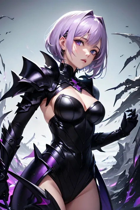 (highest quality, Detailed Background, High resolution, Absurd, bloom, Short Hair, Light purple hair, Exposed to lighting, Bright Eyes, Dedicated detailed eyes)Girl in black armor. She is a sharp ornament. Black dragon on background.. Sharp Hair Ornament. ...