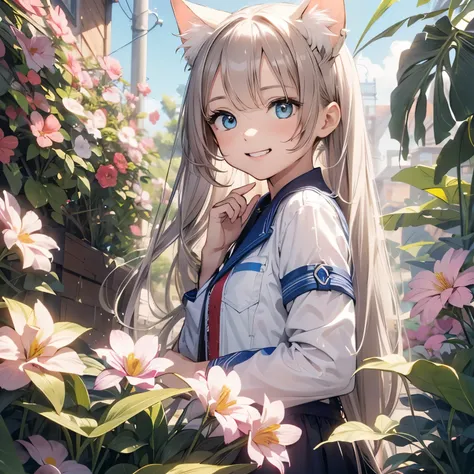 Absurd, Ultra-detailed,Bright colors,(8k:1.5),Masseter muscle area,bright landscape、for that, Blue sky、Very beautifully detailed face and eyes,(deep blue eyes:1.4) valley、Pink skin、Summer Morning、A back alley with lots of flowers blooming、(Cat Pose),(The s...