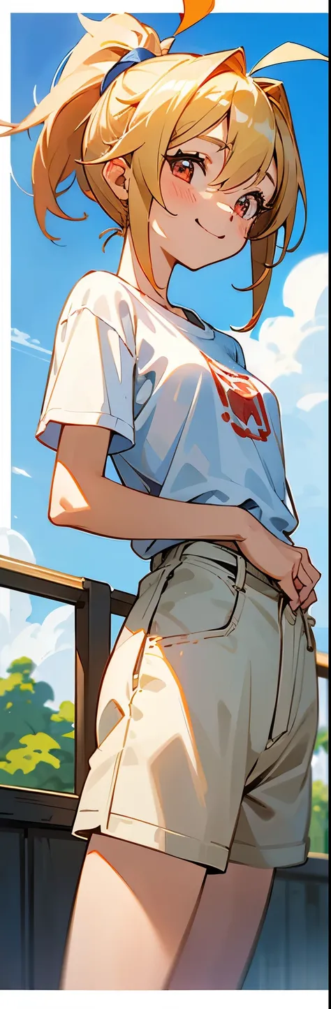 １girl、Anime-style paintings、Small breasts、blonde、Round red eyes、ponytail、Ahoge、smile、White T-shirt、Shorts、Cowboy Shot、Morning Cafe Terrace、blue sky、Background blur, Depth of written border