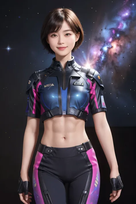 214 Short Hair, 20-year-old woman, A kind smile, Floral, Futuristic clothing, machinery suit, ((Clothes that show abs、Clothes with short sleeves)), (The background is a galaxy and nebula)