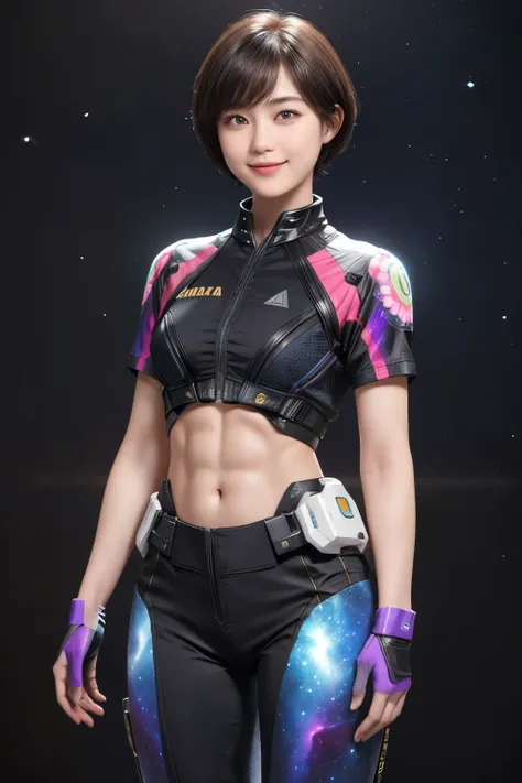 214 Short Hair, 20-year-old woman, A kind smile, Floral, Futuristic clothing, machinery suit, ((Clothes that show abs、Clothes with short sleeves)), (The background is a galaxy and nebula)