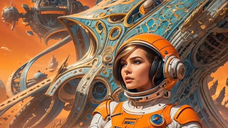 arafed image of a white woman in a futuristic suit with a spaceship in the background, movie art, in front of an orange background, inspired by Robert McGinnis, female protagonist, megastructure in the background, portrait of an ai astronaut, astronauts, a...