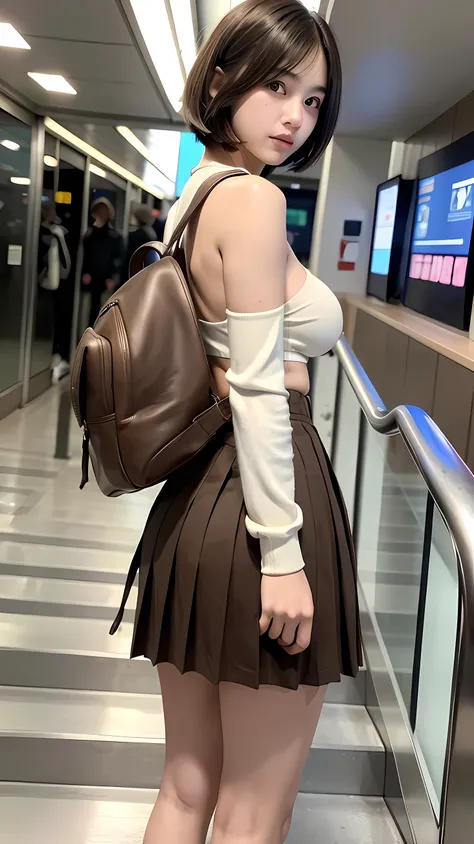 (((Straight shoulder-length brown mini bob))), (Big Breasts), masterpiece, highest quality, RAW Photos, Ultra-high resolution, Realistic, (Anatomically correct), woman with a backpack on an escalator near a pole, panties, skirt, from below, socks, pleated ...