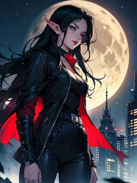 female elf, long black hair, blue eyes, black gothic choker, red jacket, black shirt, red lips, black makeup. A detailed eye, pointy ears. City at night background. full moon.