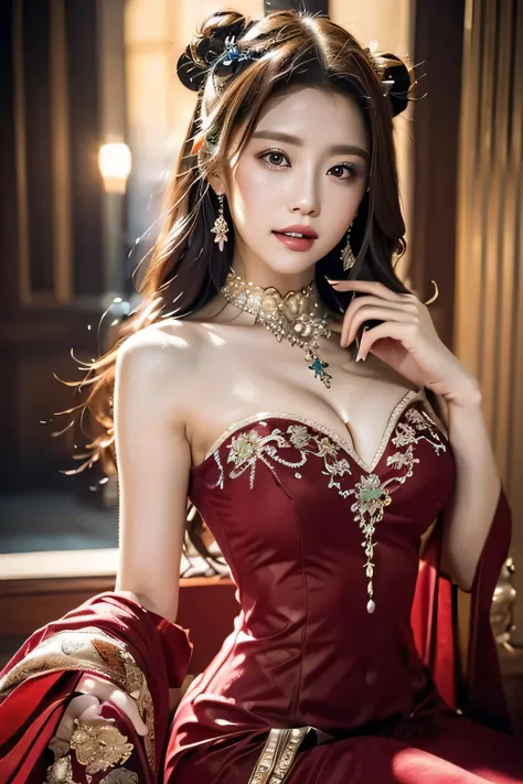 (((Royal palace decorated with intricate patterns and symbols of authority in an ancient castle at night)))、(((On a majestic jade throne々sit with:1.3)))、Beautiful idol girl、A gothic dress featuring intricate lace details and vibrant colors.、((((Vivid gorge...