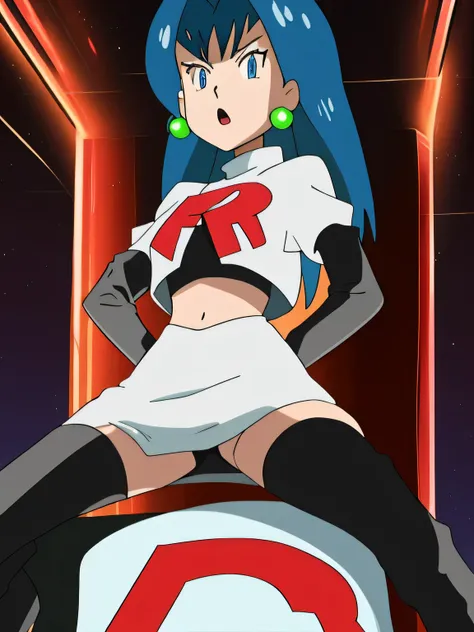 masterpiece,best quality,high res,high quality,8k, masterpiece,highres, team rocket uniform, red letter r, white skirt,white crop top,black thigh-high boots, black elbow gloves, glaring angrily, looking down at viewer, hands on hips, cowboy shot, zettai ry...