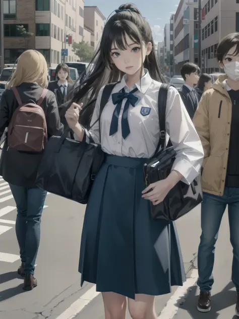 One girl, spring, high school, , warm colours, schoolbag, accurate and very detailed background, crowd of schoolgirls in uniform with various body shapes and hairstyles, cute.