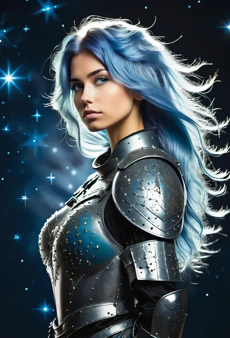 a stylized young caucasian woman warrior ((silhouette)) formed by bright stars. with straight long light blue messy hair. mediev...