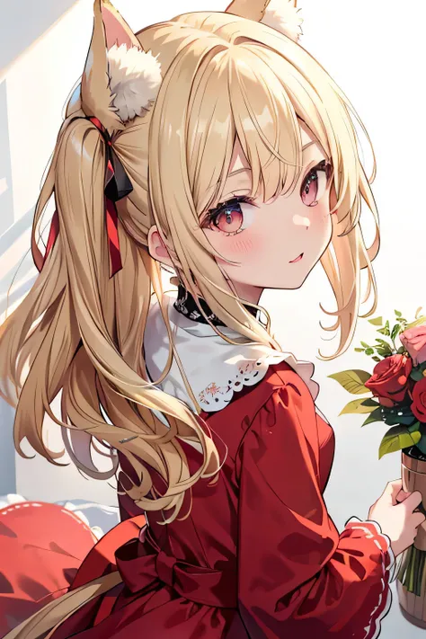 ((highest quality)), ((masterpiece)), (detailed), Perfect Face、blonde、One Length、Side Tail、30 years old、look back、From above、From the back、Red dress、blush、Looking up