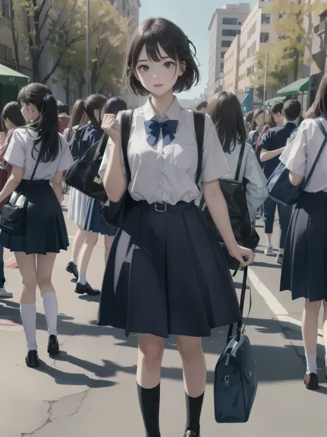 One girl, spring, high school, , warm colours, schoolbag, accurate and very detailed background, crowd of schoolgirls in uniform with various body shapes and hairstyles, cute.
