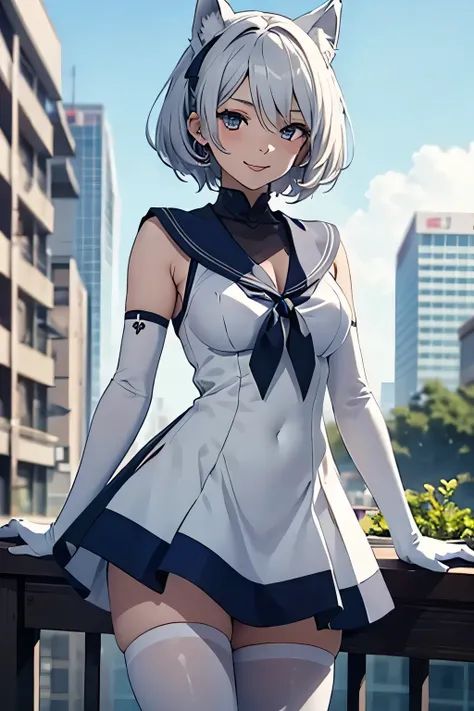 Tabletop　 Best image quality　wonderful　Attention to detail　One Young Woman（（Adult））Anime Style　White Sailor Suit（Sleeveless）　Navy blue mini skirt　Pure white gloves（Elbow Gloves）　White pantyhose（Plain）　Wolf Ears　short hair（（Shortcuts）（Gray Hair）（Curly Hair）...