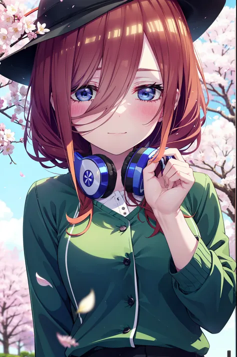 Miku Nakano, Miku Nakano, Long Hair, bangs, blue eyes, brown hair, shirt, Hair between the eyes, smile,blush,Open your mouth,Headphones around neck,オーバサイズチェック柄shirt,Shorts,Black pantyhose,Hunting Hat,short boots,Cherry blossoms are blooming,Cherry blossoms...