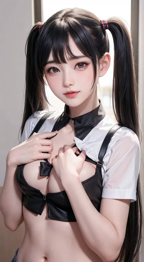 (One girl: 1.2), (chest: 1.2), (Underbust: 1.2), (belly button: 1.2), (one person in: 1.1), (Twin tails: 1.1), (low_Twin tails), (Looking_in_Audience), crop_superior, rining:Safety, short_sleeve, length_hair, shirt, Moderate_chest, hair_tie, Front hair, up...