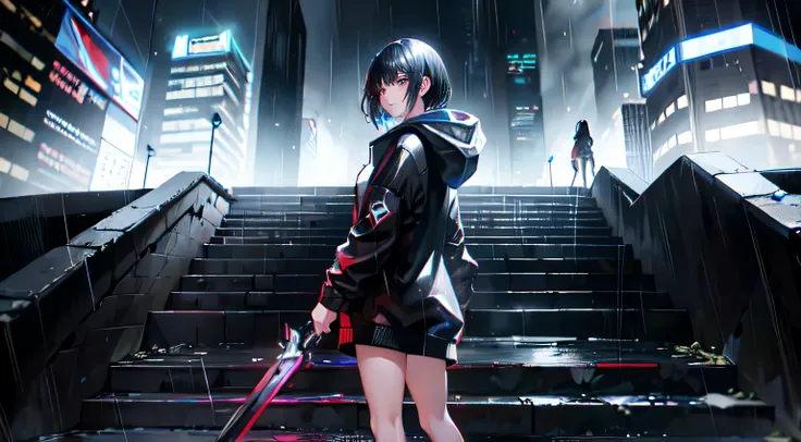 (short black hair, 1girl, ), contrast light, cyberpunk, night, rain, walking to viewer, weapon in arms, cloudy sky, far city lights, stairs, low camera angle, head covered hoodie,