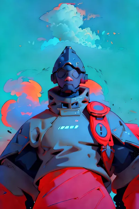 full body image, (ultra detailed,ultra high res,detailed background),((2D)),((flat color)),((muted color)), 1solo, looking at viewer, white hazmat suit, (big red galoshes), plush collar, full body image, square helmet, ((smokey blue cityscape background))...