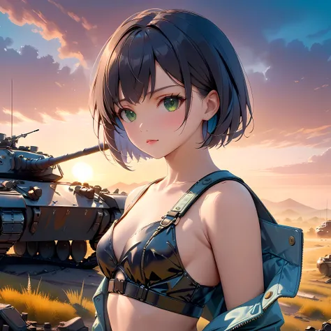 1 girl, young sister taste, jet black short hair, deep green eyes, small breasts, , wearing military uniform, strategy meeting aside panzer, dawn, prepareting for assult, serious face, tank commander, battle field, (((Post-apocalyptic fiction))), retro fut...