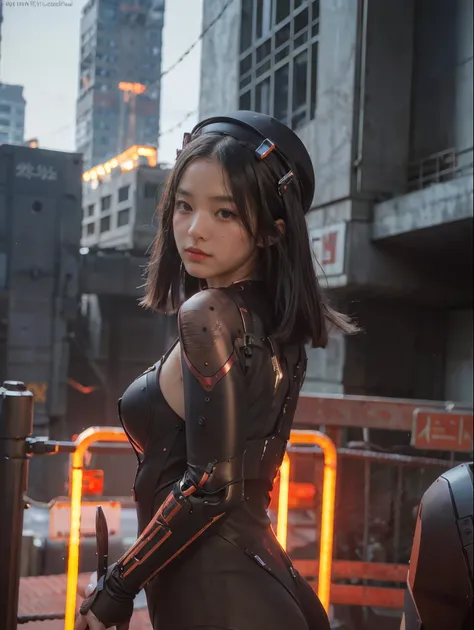 （Part of the skin is a computer）、top-quality、​masterpiece、超A high resolution、(With a futuristic machine gun、holding knive),（Wearing a futuristic hat）、(Photorealsitic:1.4)、Raw photo、1 girl、Black hair、glowy skin、((1 Mechanical Girl))、((super realistic detail...