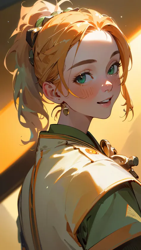 (best quality,4k,8k,highres,masterpiece:1.2),ultra-detailed,(realistic,photorealistic,photo-realistic:1.37),portrait,orange-themed outfit,ponytail,beautiful green eyes,joyful expression,strongly detailed face,side view,white uniform with gold embellishment...