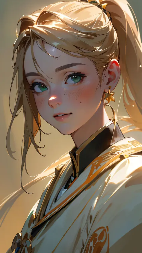 (best quality,4k,8k,highres,masterpiece:1.2),ultra-detailed,(realistic,photorealistic,photo-realistic:1.37),portrait,orange-themed outfit,ponytail,beautiful green eyes,joyful expression,strongly detailed face,side view,white uniform with gold embellishment...