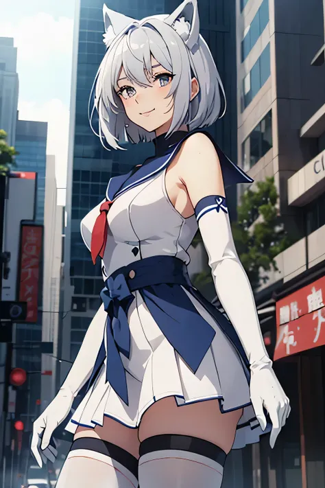 Tabletop　 Best image quality　wonderful　Attention to detail　One Young Woman（（Adult））Anime Style　White Sailor Suit（Sleeveless）　Navy blue mini skirt　Pure white gloves（Elbow Gloves）　White pantyhose（Plain）　Wolf Ears　short hair（（Shortcuts）（Gray Hair）（Curly Hair）...