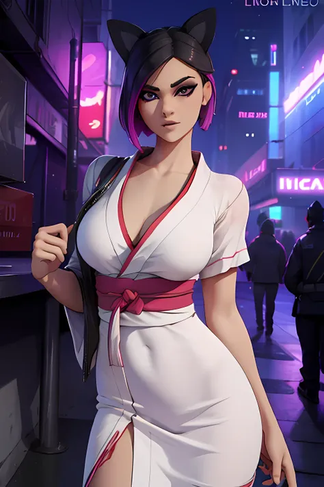 Traje de lince cyberpunk, japanese yukata dress , Noche ,Extremadamente detallado, rostro detallado,hermoso rostro, ojos finos, mirando al espectador, pose femenino.