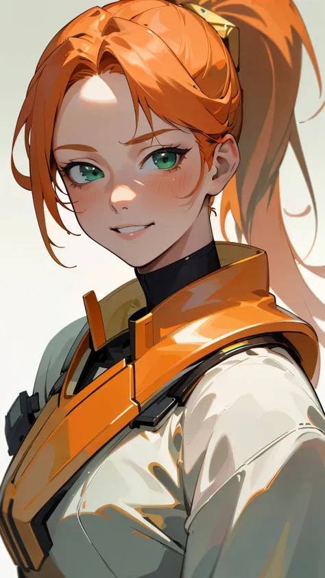 (best quality,4k,8k,highres,masterpiece:1.2),ultra-detailed,realistic:1.37,portraits,anime,orange-haired girl in a white uniform with gold accents,ponytail,beautiful green eyes,smirking,sideways view