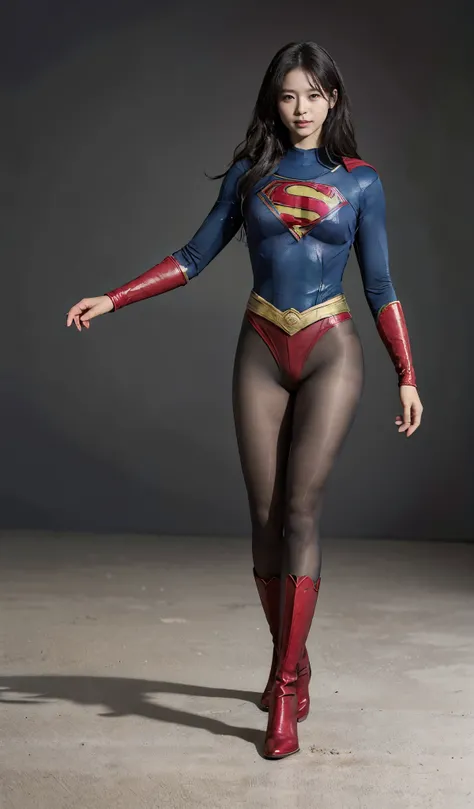 No background、(((Beautiful legs in black tights.)))、(((Legally express the beauty of your smile)))、((((Make the most of your original images)))、(((Supergirl Costume)))、(((Beautiful Hair)))、(((suffering)))、(((Please wear black tights....、Wear red boots)))、(...